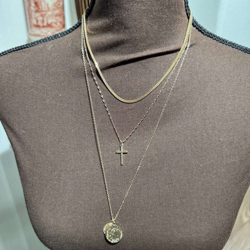 Gold Layered Necklace 3 Layer Look Cross Coin Pendant Minimalist